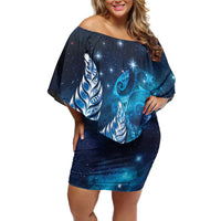 New Zealand Matariki Off Shoulder Short Dress Maori Koru Mix Silver Fern DT04 Women Blue - Polynesian Pride
