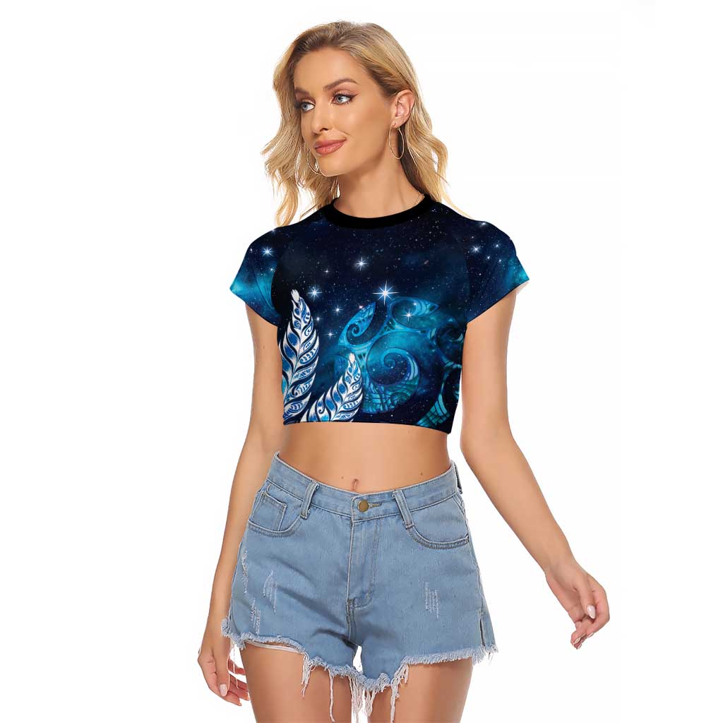 New Zealand Matariki Raglan Cropped T Shirt Maori Koru Mix Silver Fern DT04 Female Blue - Polynesian Pride