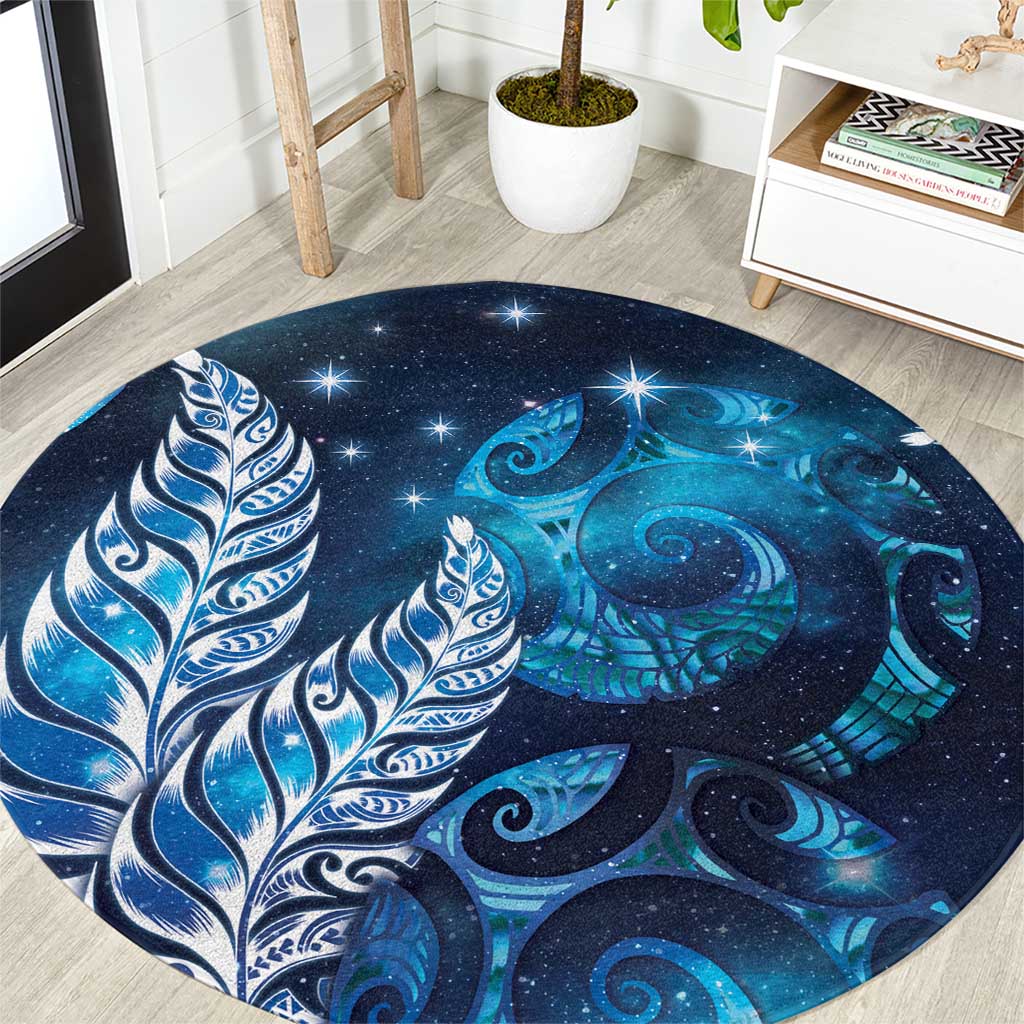 New Zealand Matariki Round Carpet Maori Koru Mix Silver Fern DT04 Blue - Polynesian Pride