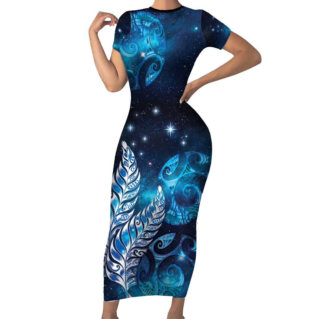 New Zealand Matariki Short Sleeve Bodycon Dress Maori Koru Mix Silver Fern DT04 Long Dress Blue - Polynesian Pride