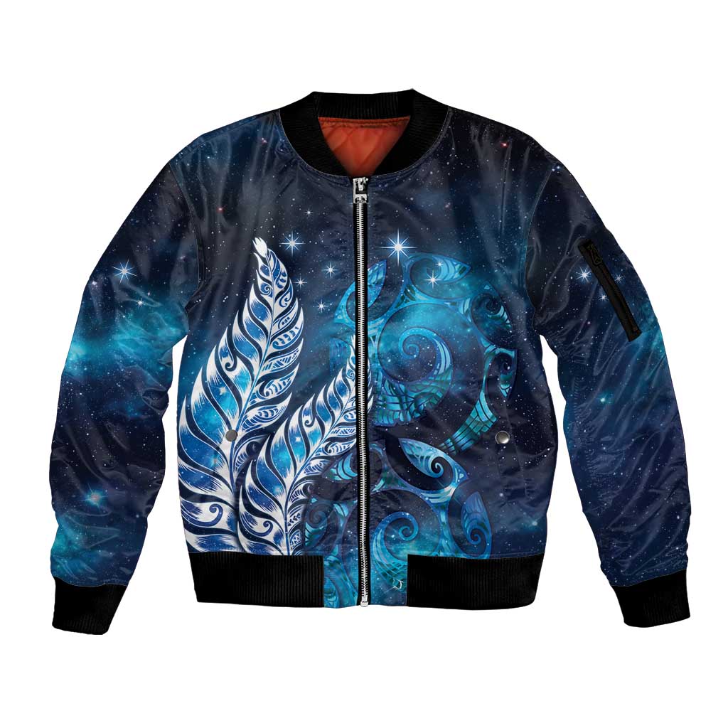 New Zealand Matariki Sleeve Zip Bomber Jacket Maori Koru Mix Silver Fern DT04 Unisex Blue - Polynesian Pride