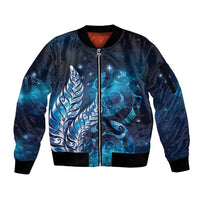 New Zealand Matariki Sleeve Zip Bomber Jacket Maori Koru Mix Silver Fern DT04 Unisex Blue - Polynesian Pride