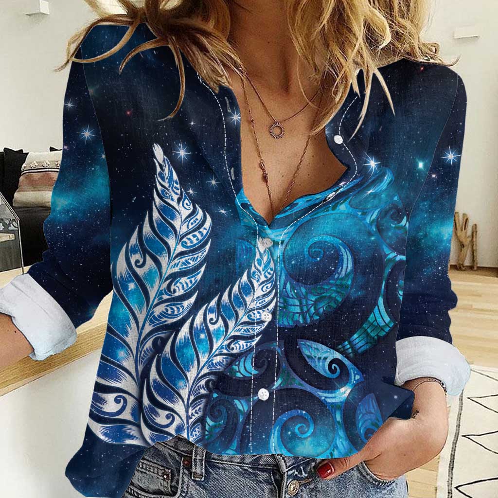 New Zealand Matariki Women Casual Shirt Maori Koru Mix Silver Fern DT04 Female Blue - Polynesian Pride