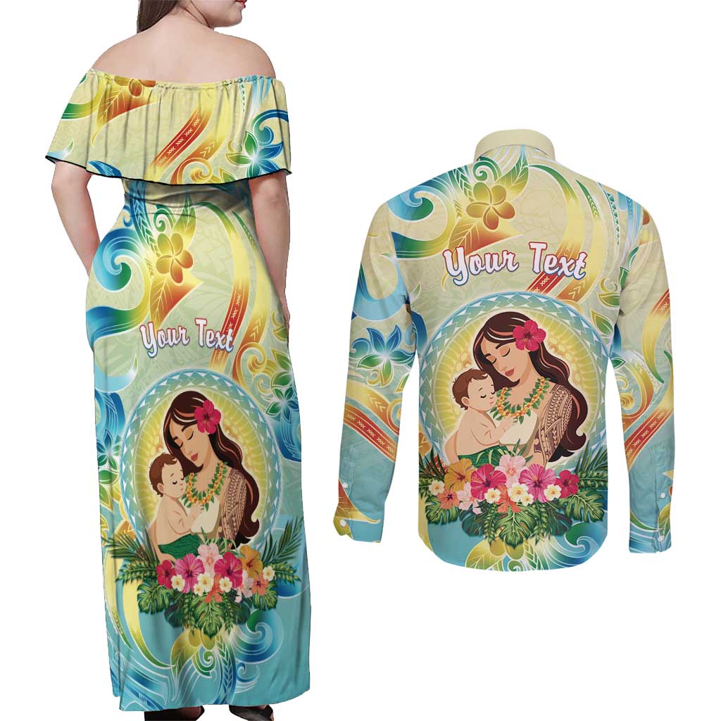 Personalised Hawaii Mother's Day Couples Matching Off Shoulder Maxi Dress and Long Sleeve Button Shirt I Love You Mom DT04 - Polynesian Pride