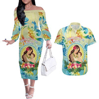 Personalised Hawaii Mother's Day Couples Matching Off The Shoulder Long Sleeve Dress and Hawaiian Shirt I Love You Mom