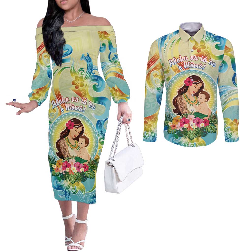 Personalised Hawaii Mother's Day Couples Matching Off The Shoulder Long Sleeve Dress and Long Sleeve Button Shirt I Love You Mom