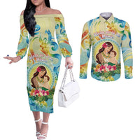 Personalised Hawaii Mother's Day Couples Matching Off The Shoulder Long Sleeve Dress and Long Sleeve Button Shirt I Love You Mom