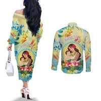 Personalised Hawaii Mother's Day Couples Matching Off The Shoulder Long Sleeve Dress and Long Sleeve Button Shirt I Love You Mom