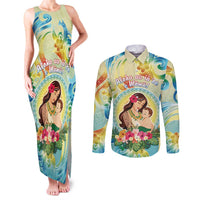 Personalised Hawaii Mother's Day Couples Matching Tank Maxi Dress and Long Sleeve Button Shirt I Love You Mom DT04 Yellow - Polynesian Pride