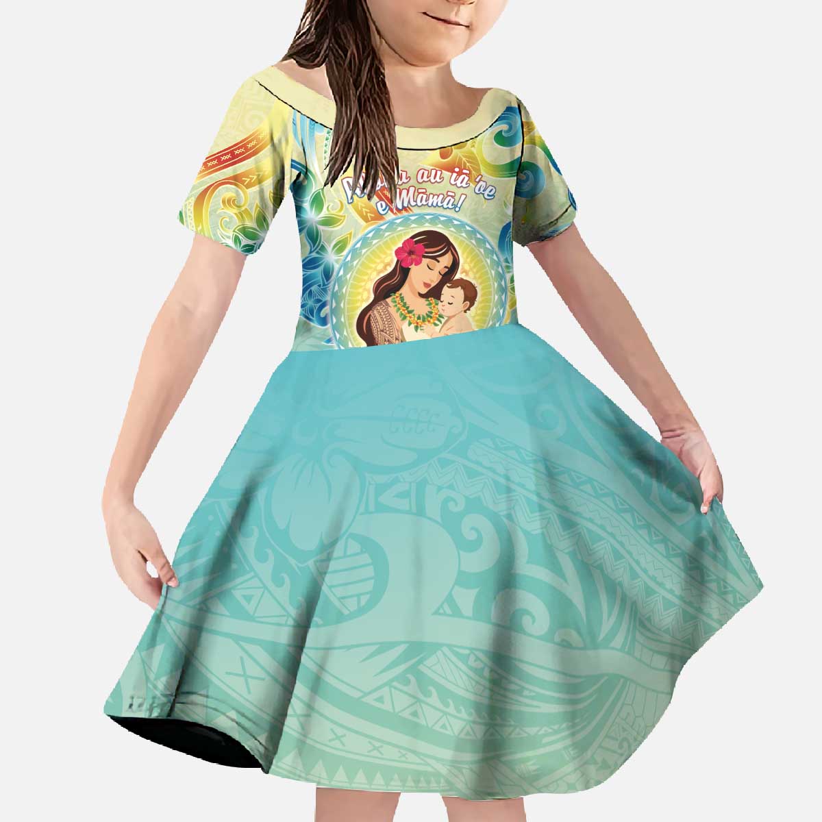 Personalised Hawaii Mother's Day Family Matching Off The Shoulder Long Sleeve Dress and Hawaiian Shirt I Love You Mom