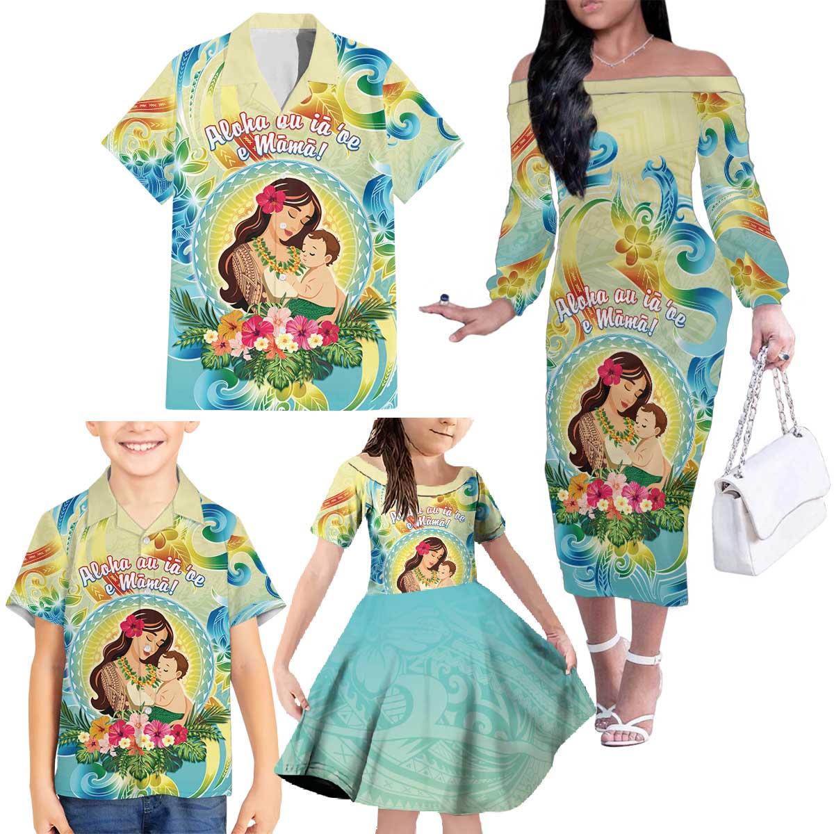 Personalised Hawaii Mother's Day Family Matching Off The Shoulder Long Sleeve Dress and Hawaiian Shirt I Love You Mom