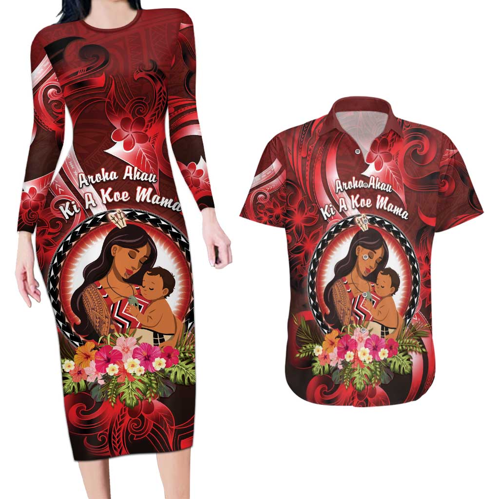 Personalised New Zealand Mother's Day Couples Matching Long Sleeve Bodycon Dress and Hawaiian Shirt I Love You Mom DT04 Red - Polynesian Pride