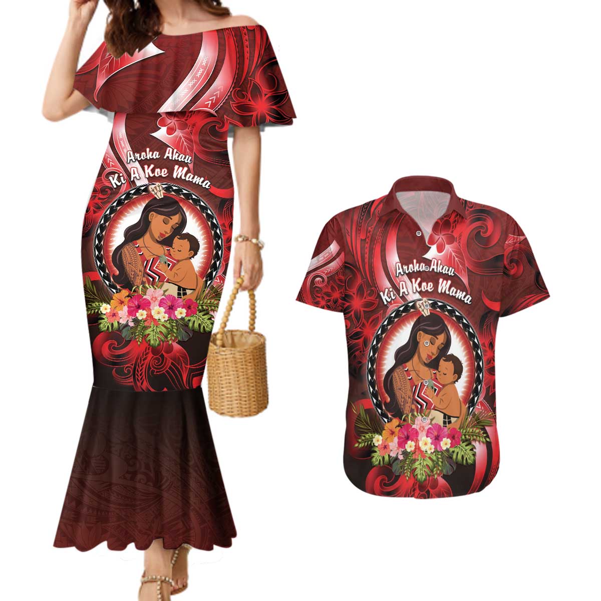 Personalised New Zealand Mother's Day Couples Matching Mermaid Dress and Hawaiian Shirt I Love You Mom DT04 Red - Polynesian Pride