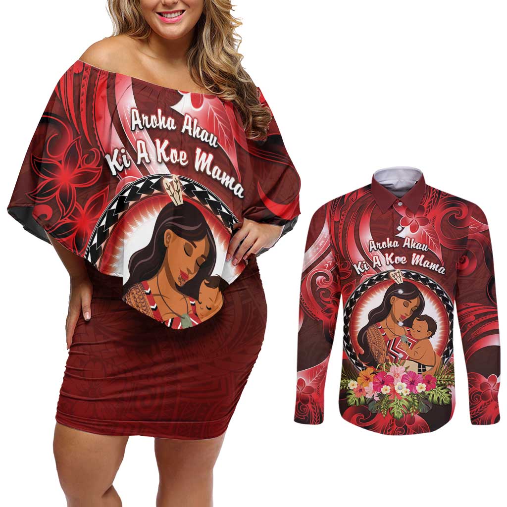 Personalised New Zealand Mother's Day Couples Matching Off Shoulder Short Dress and Long Sleeve Button Shirt I Love You Mom