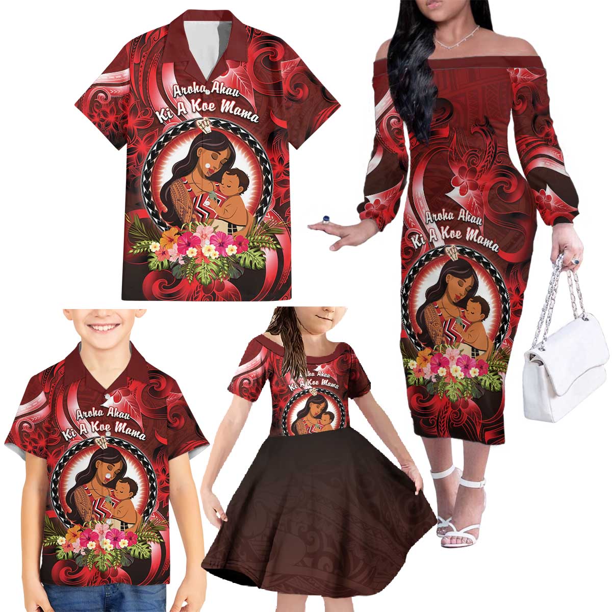 Personalised New Zealand Mother's Day Family Matching Off The Shoulder Long Sleeve Dress and Hawaiian Shirt I Love You Mom