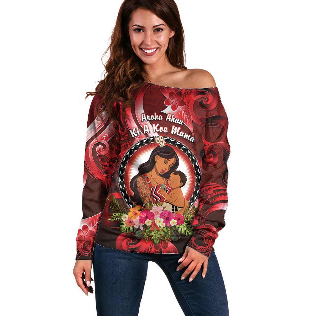 Personalised New Zealand Mother's Day Off Shoulder Sweater I Love You Mom DT04 Women Red - Polynesian Pride