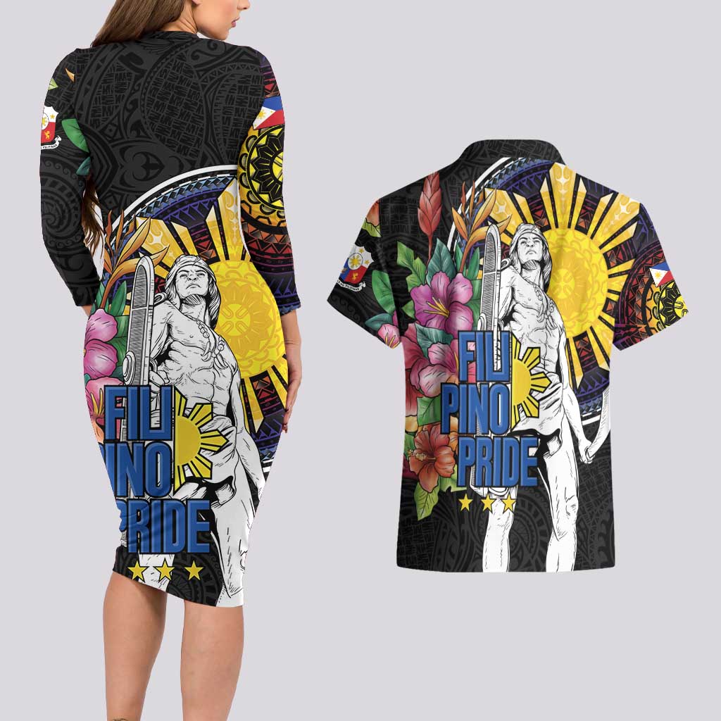 Filipinos Lapu-Lapu Hero Philippines Couples Matching Long Sleeve Bodycon Dress and Hawaiian Shirt Hibiscus Flowers Style
