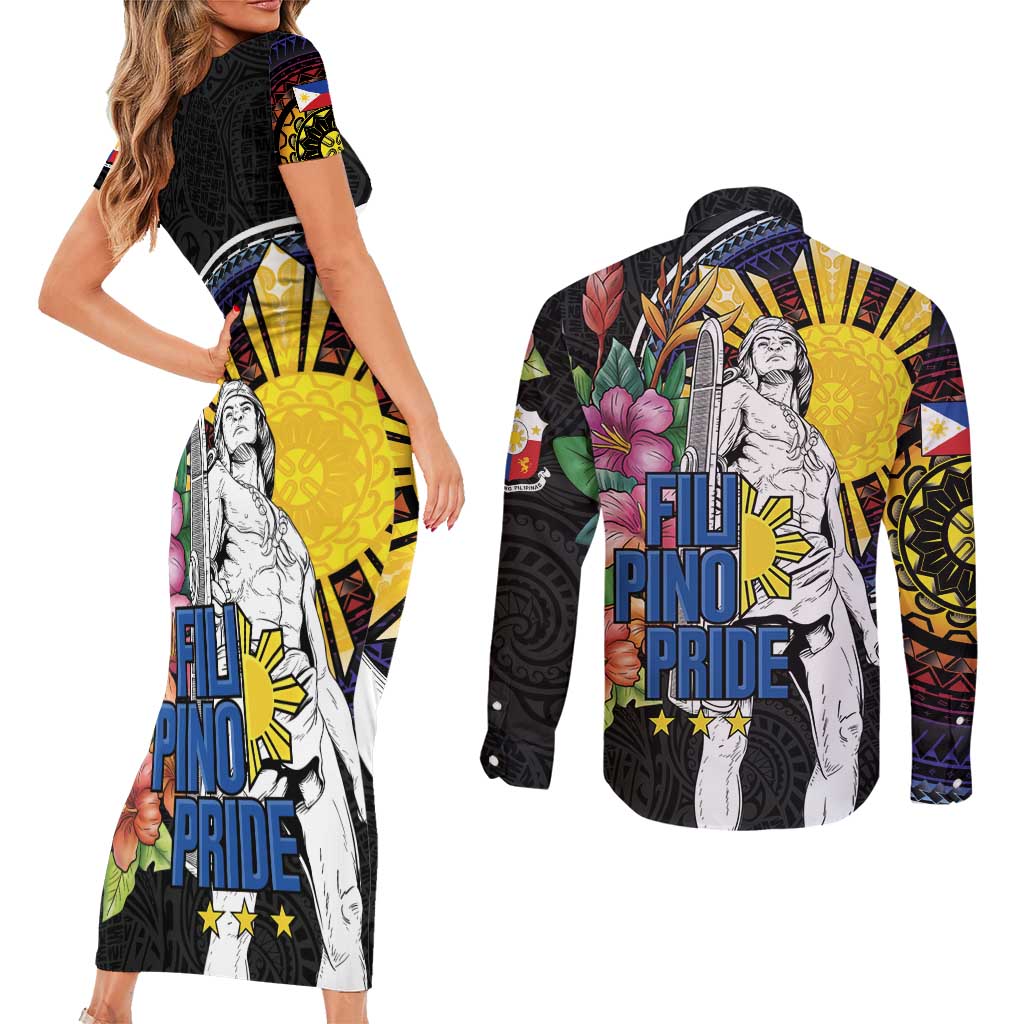 Filipinos Lapu-Lapu Hero Philippines Couples Matching Short Sleeve Bodycon Dress and Long Sleeve Button Shirt Hibiscus Flowers Style