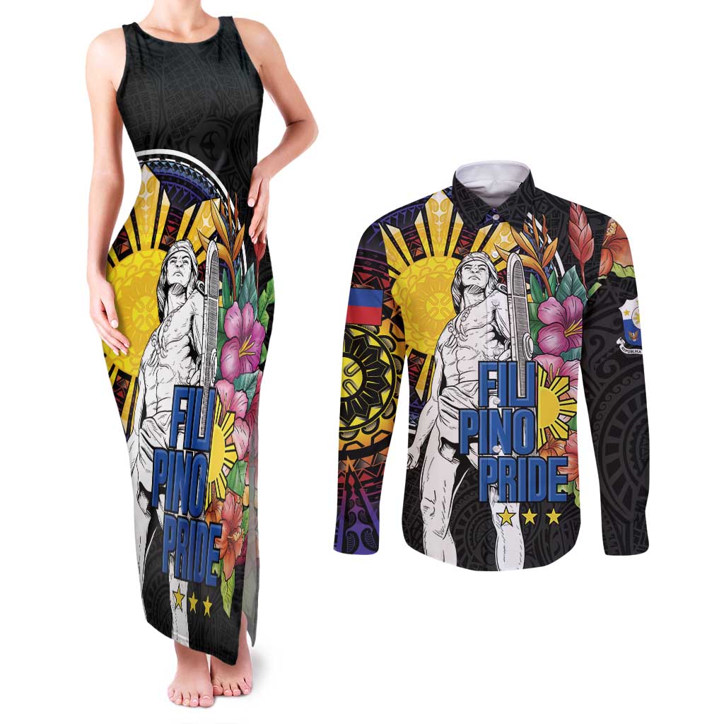 Filipinos Lapu-Lapu Hero Philippines Couples Matching Tank Maxi Dress and Long Sleeve Button Shirt Hibiscus Flowers Style