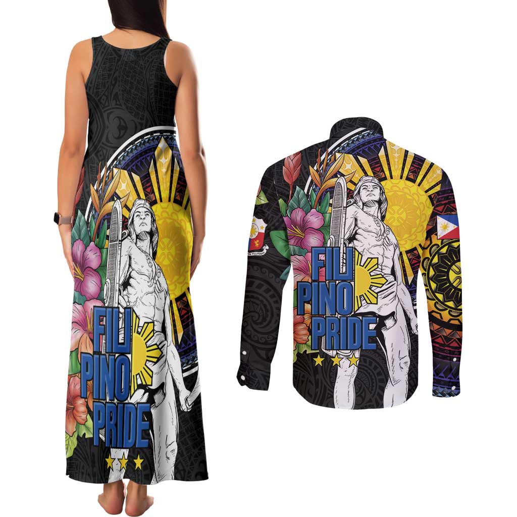 Filipinos Lapu-Lapu Hero Philippines Couples Matching Tank Maxi Dress and Long Sleeve Button Shirt Hibiscus Flowers Style