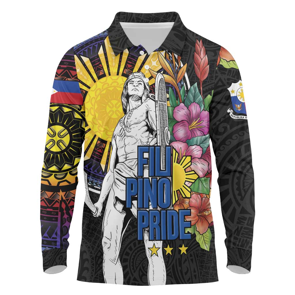 Filipinos Lapu-Lapu Hero Philippines Long Sleeve Polo Shirt Hibiscus Flowers Style
