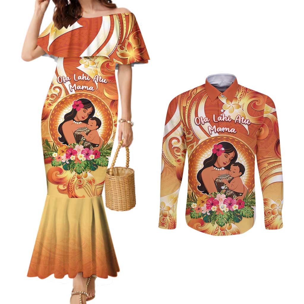 Personalised Tonga Mother's Day Couples Matching Mermaid Dress and Long Sleeve Button Shirt I Love You Mom