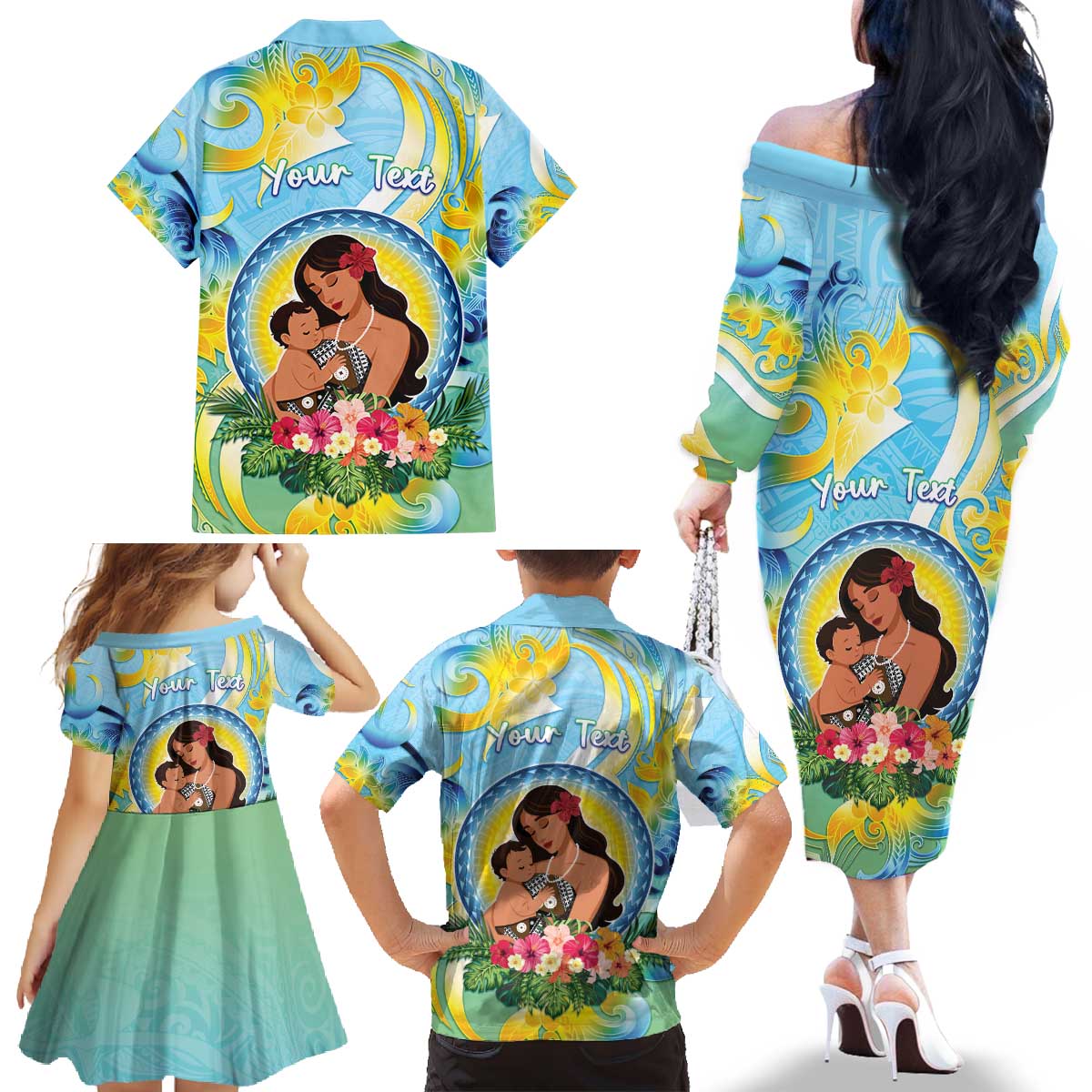 Personalised Fiji Mother's Day Family Matching Off The Shoulder Long Sleeve Dress and Hawaiian Shirt I Love You Mom