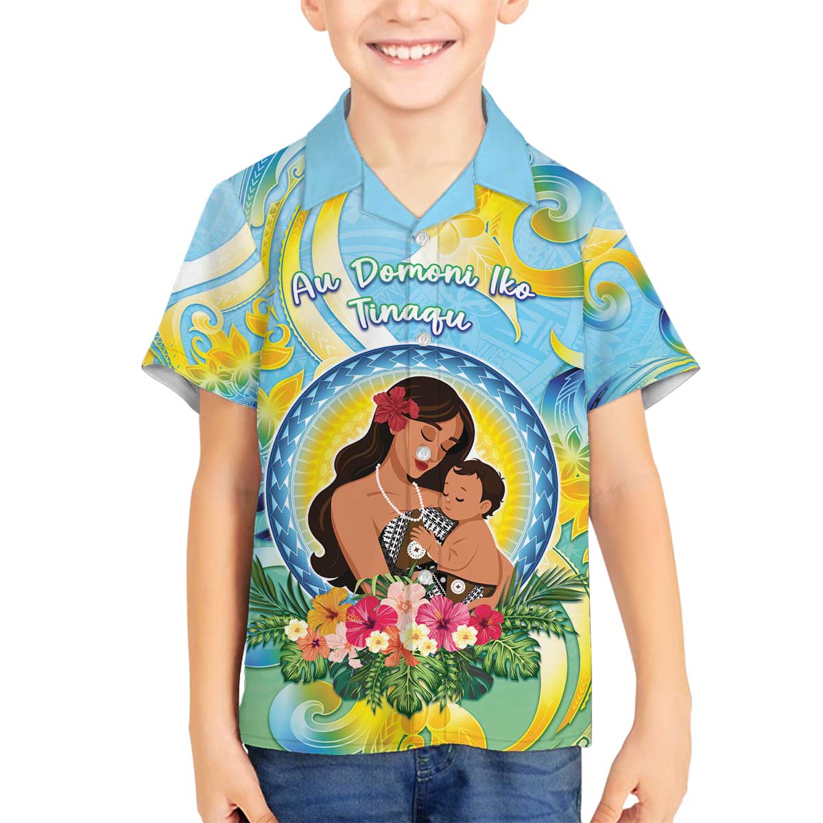 Personalised Fiji Mother's Day Family Matching Off The Shoulder Long Sleeve Dress and Hawaiian Shirt I Love You Mom