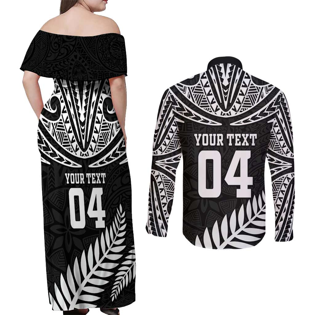 Custom New Zealand Rugby Couples Matching Off Shoulder Maxi Dress and Long Sleeve Button Shirt Silver Fern Maori Pattern