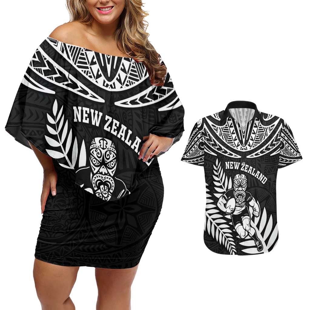 Custom New Zealand Rugby Couples Matching Off Shoulder Short Dress and Hawaiian Shirt Silver Fern Maori Pattern