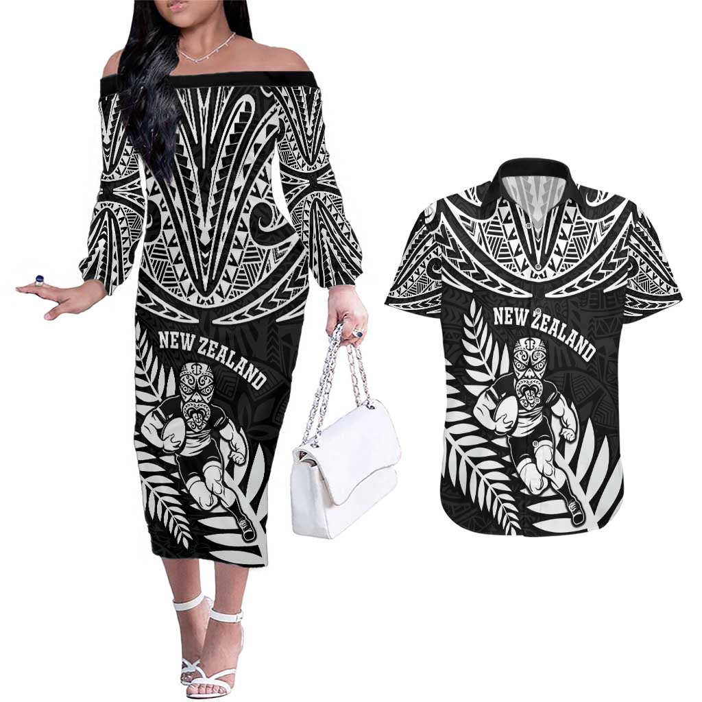 Custom New Zealand Rugby Couples Matching Off The Shoulder Long Sleeve Dress and Hawaiian Shirt Silver Fern Maori Pattern