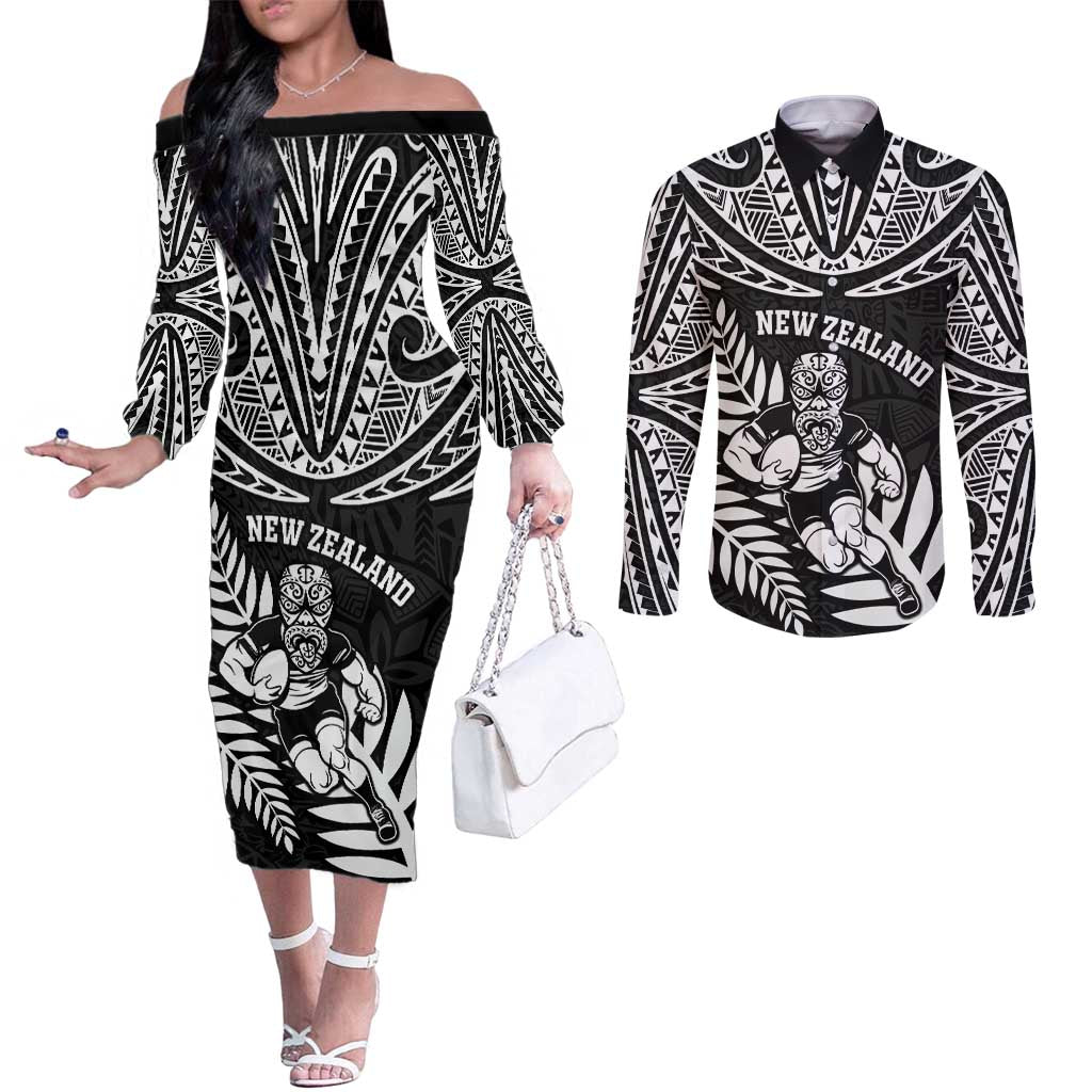 Custom New Zealand Rugby Couples Matching Off The Shoulder Long Sleeve Dress and Long Sleeve Button Shirt Silver Fern Maori Pattern