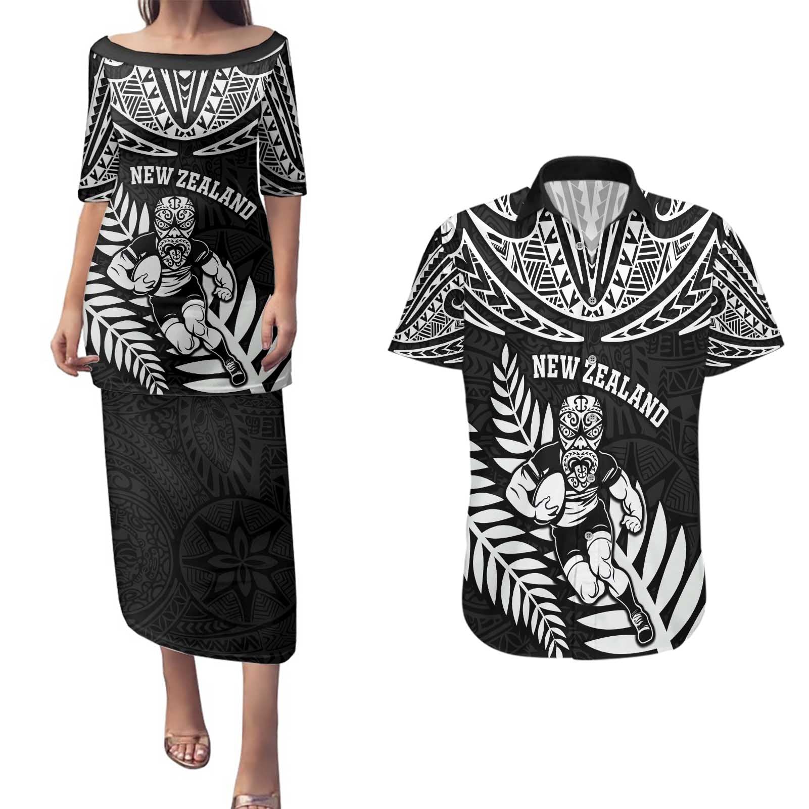 Custom New Zealand Rugby Couples Matching Puletasi and Hawaiian Shirt Silver Fern Maori Pattern