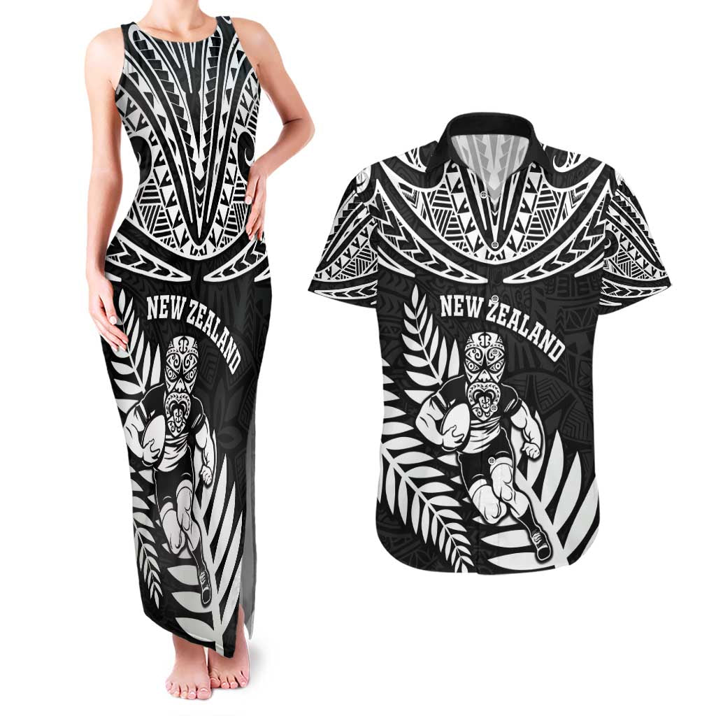 Custom New Zealand Rugby Couples Matching Tank Maxi Dress and Hawaiian Shirt Silver Fern Maori Pattern