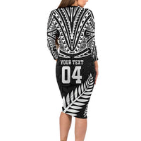 Custom New Zealand Rugby Long Sleeve Bodycon Dress Silver Fern Maori Pattern