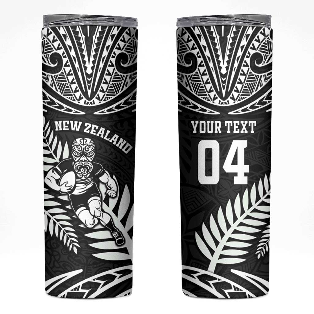 Custom New Zealand Rugby Skinny Tumbler Silver Fern Maori Pattern DT04 Black - Polynesian Pride