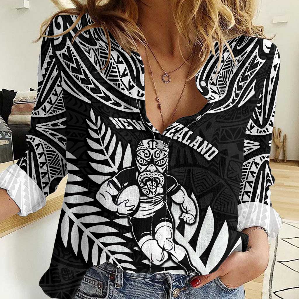 Custom New Zealand Rugby Women Casual Shirt Silver Fern Maori Pattern DT04 Female Black - Polynesian Pride
