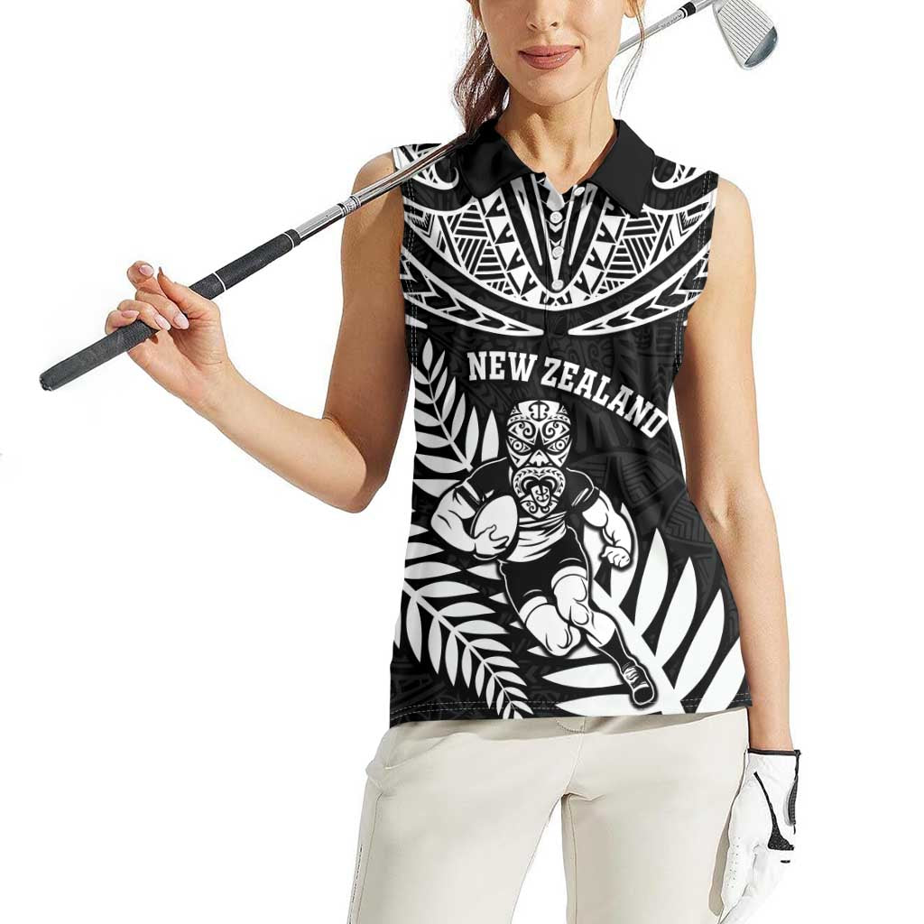 Custom New Zealand Rugby Women Sleeveless Polo Shirt Silver Fern Maori Pattern