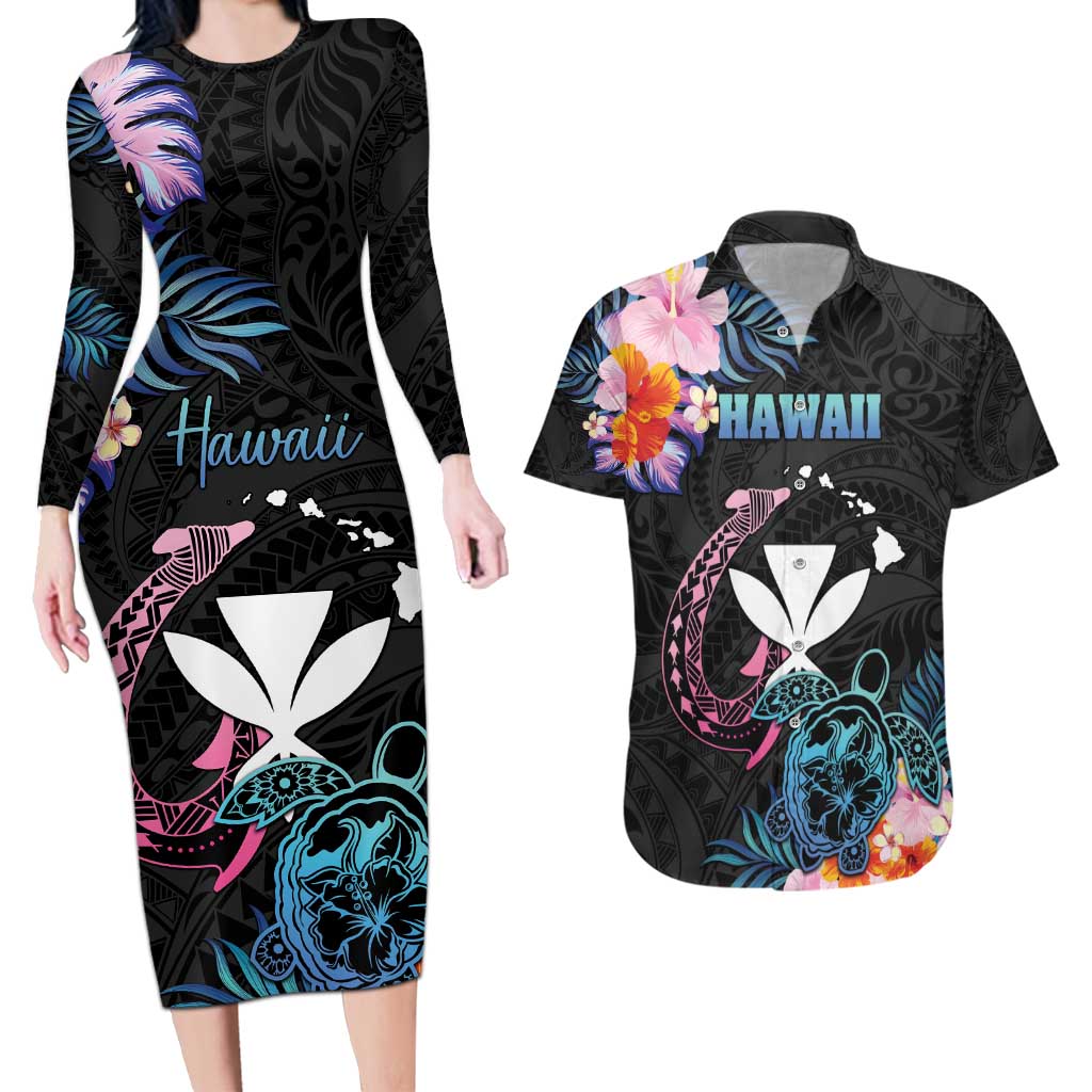 Personalised Hawaii Couples Matching Long Sleeve Bodycon Dress and Hawaiian Shirt Kanaka Maoli With Fish Hook