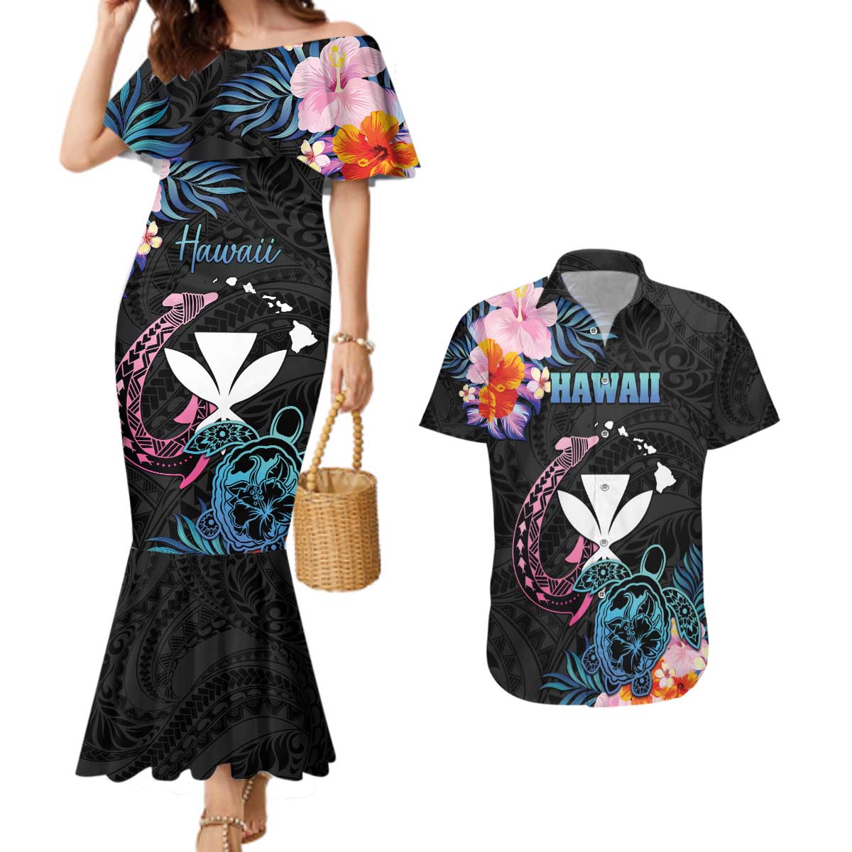 Personalised Hawaii Couples Matching Mermaid Dress and Hawaiian Shirt Kanaka Maoli With Fish Hook