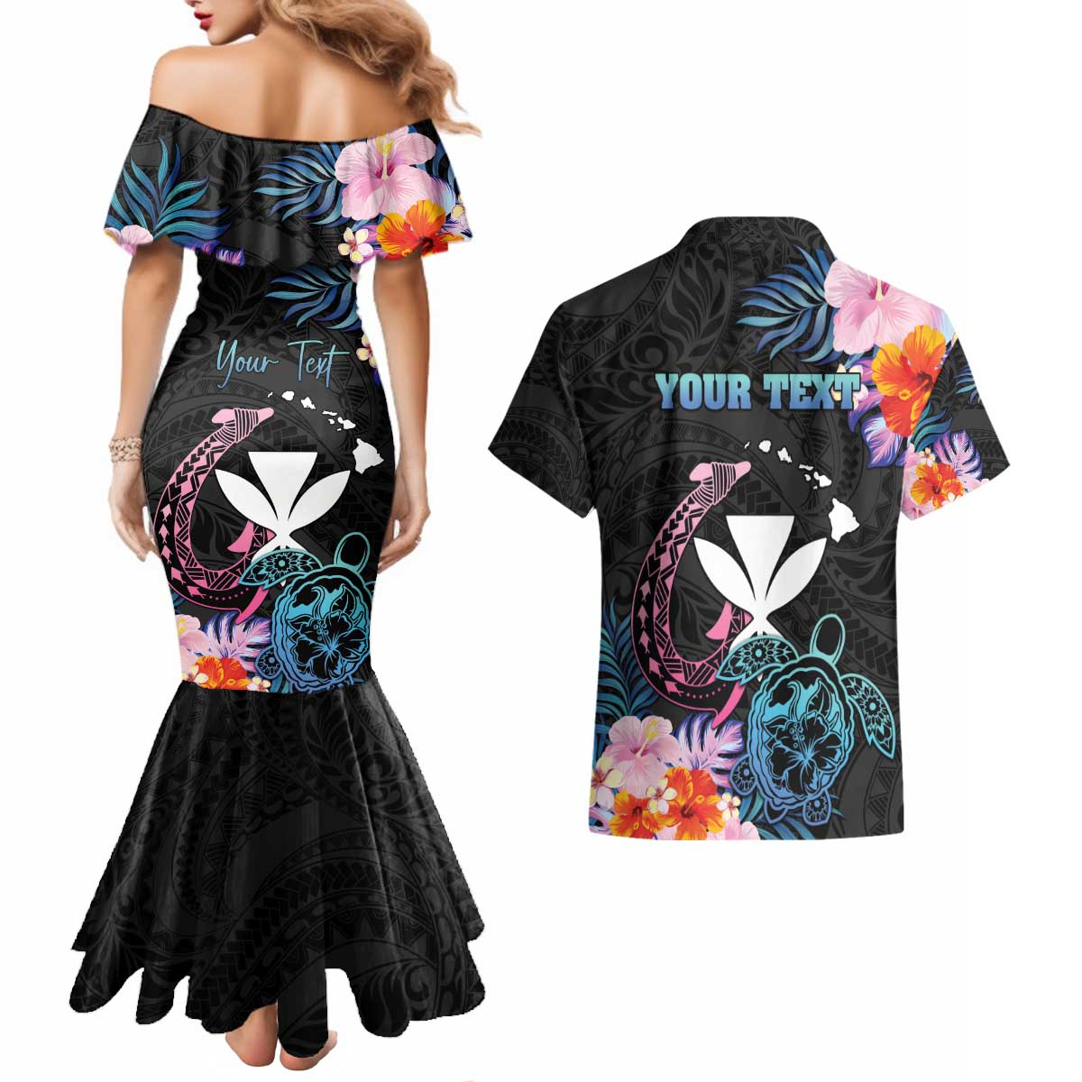 Personalised Hawaii Couples Matching Mermaid Dress and Hawaiian Shirt Kanaka Maoli With Fish Hook