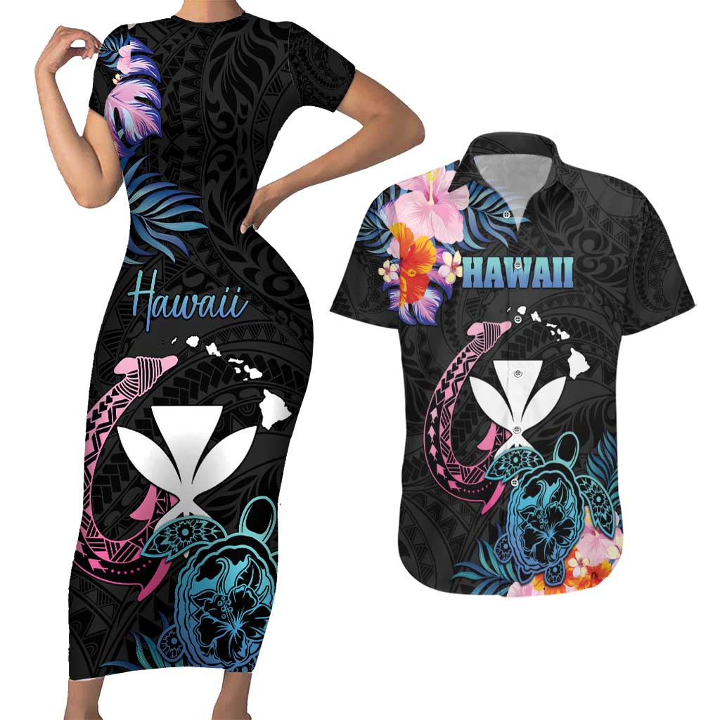 Personalised Hawaii Couples Matching Short Sleeve Bodycon Dress and Hawaiian Shirt Kanaka Maoli With Fish Hook