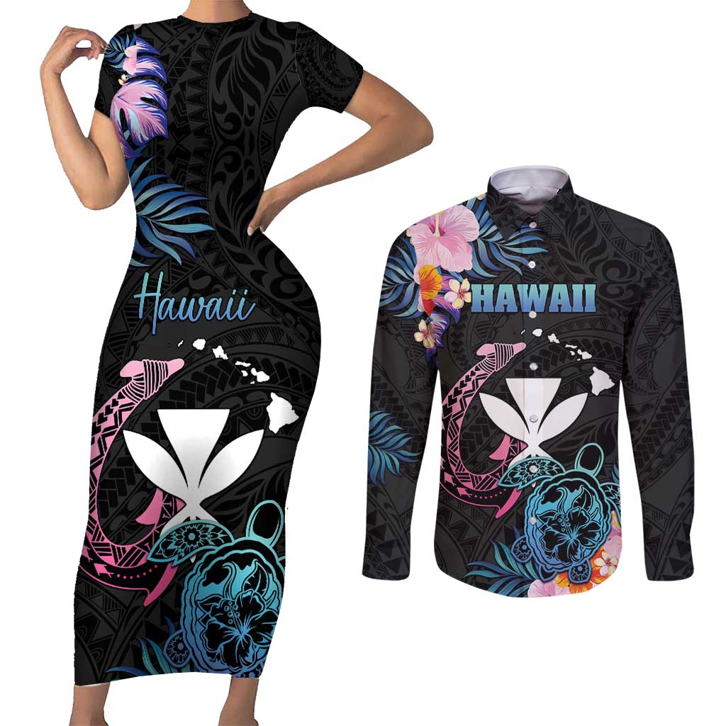 Personalised Hawaii Couples Matching Short Sleeve Bodycon Dress and Long Sleeve Button Shirt Kanaka Maoli With Fish Hook