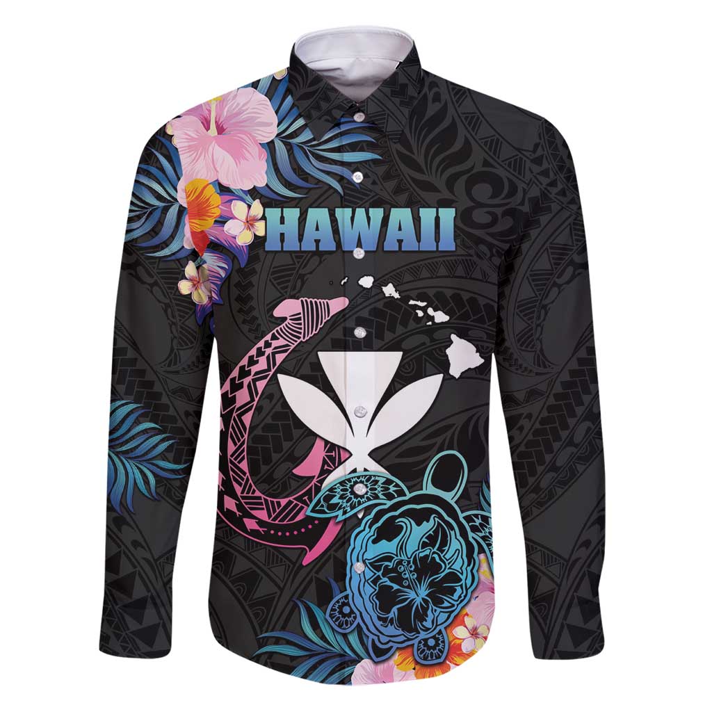 Personalised Hawaii Family Matching Puletasi and Hawaiian Shirt Kanaka Maoli With Fish Hook DT04 Dad's Shirt - Long Sleeve Black - Polynesian Pride