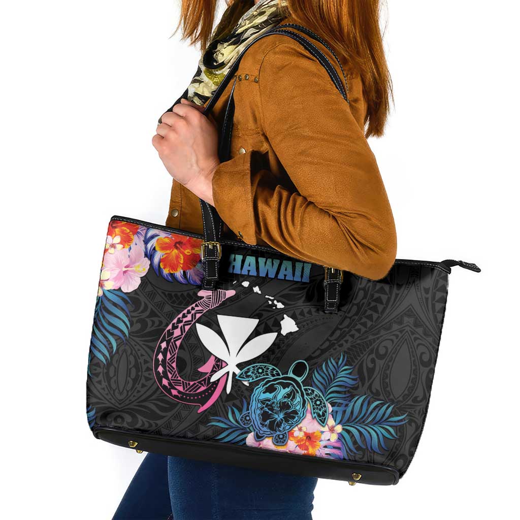 Hawaii Leather Tote Bag Kanaka Maoli With Fish Hook DT04 Black - Polynesian Pride