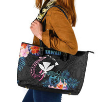 Hawaii Leather Tote Bag Kanaka Maoli With Fish Hook DT04 Black - Polynesian Pride