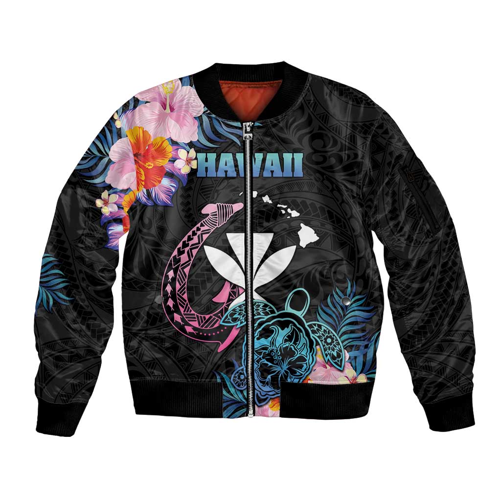 Personalised Hawaii Sleeve Zip Bomber Jacket Kanaka Maoli With Fish Hook