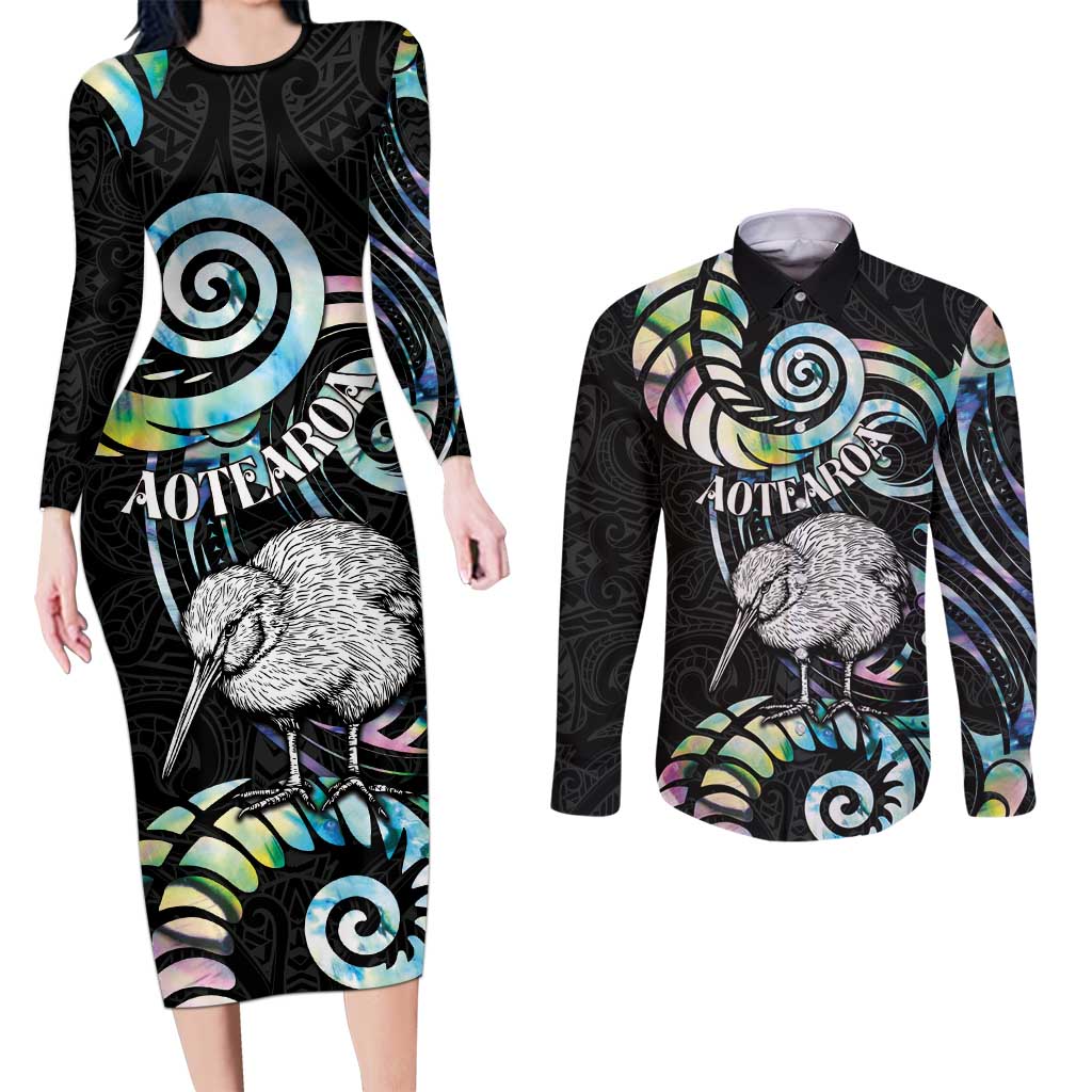 New Zealand Kiwi Bird Couples Matching Long Sleeve Bodycon Dress and Long Sleeve Button Shirt Silver Fern Koru Paua Shell