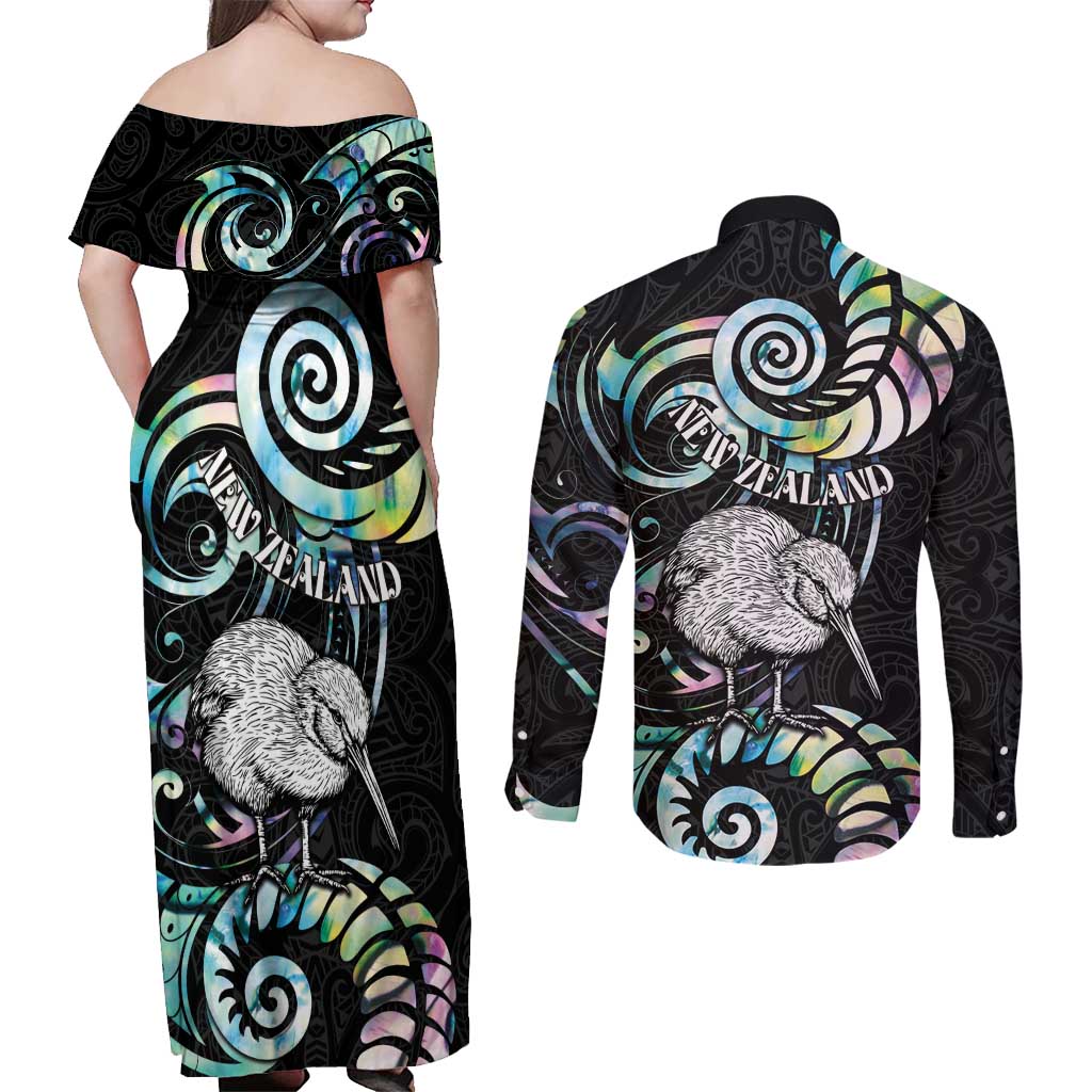 New Zealand Kiwi Bird Couples Matching Off Shoulder Maxi Dress and Long Sleeve Button Shirt Silver Fern Koru Paua Shell