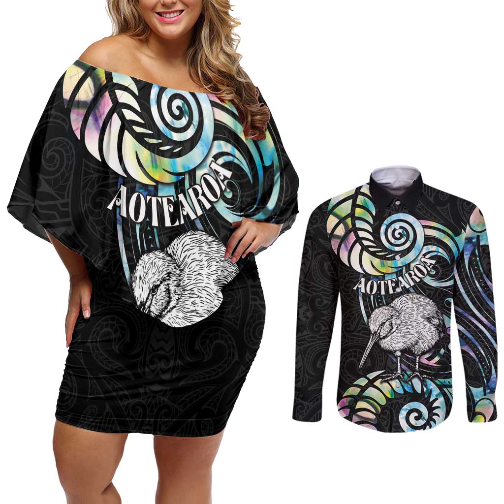 New Zealand Kiwi Bird Couples Matching Off Shoulder Short Dress and Long Sleeve Button Shirt Silver Fern Koru Paua Shell